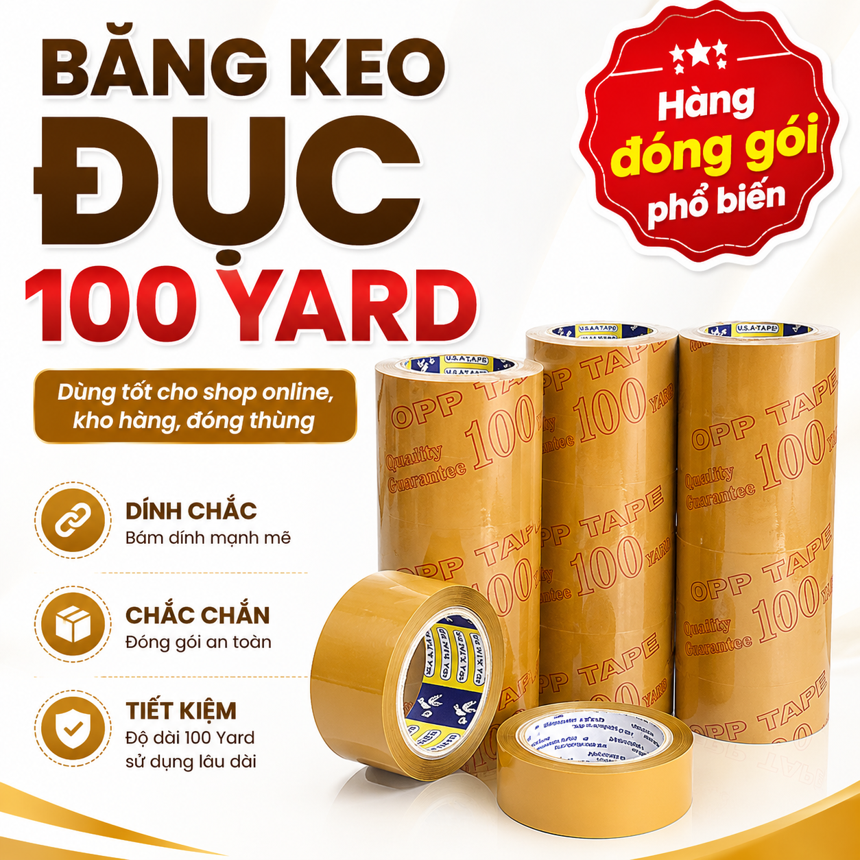 Băng keo trong, đục 100 Yard 6 cuộn/ 1 cây– Dán chắc, đóng gói tiện lợi