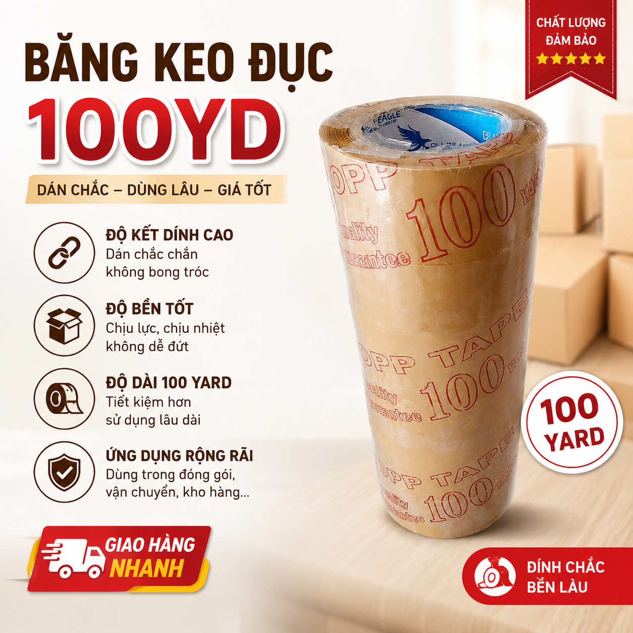 Băng keo trong, đục 100 Yard 6 cuộn/ 1 cây– Dán chắc, đóng gói tiện lợi 4